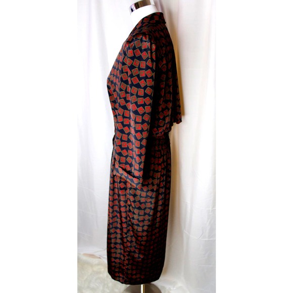 Vintage Liz Roberts midi dress 3/4 Sleeve Button Front Geometric 80s Red Navy - Picture 2 of 12